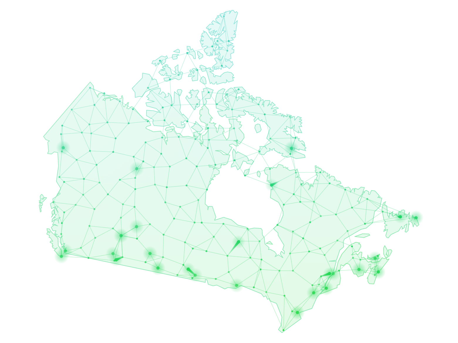 Network of connected nodes across a map of Canada