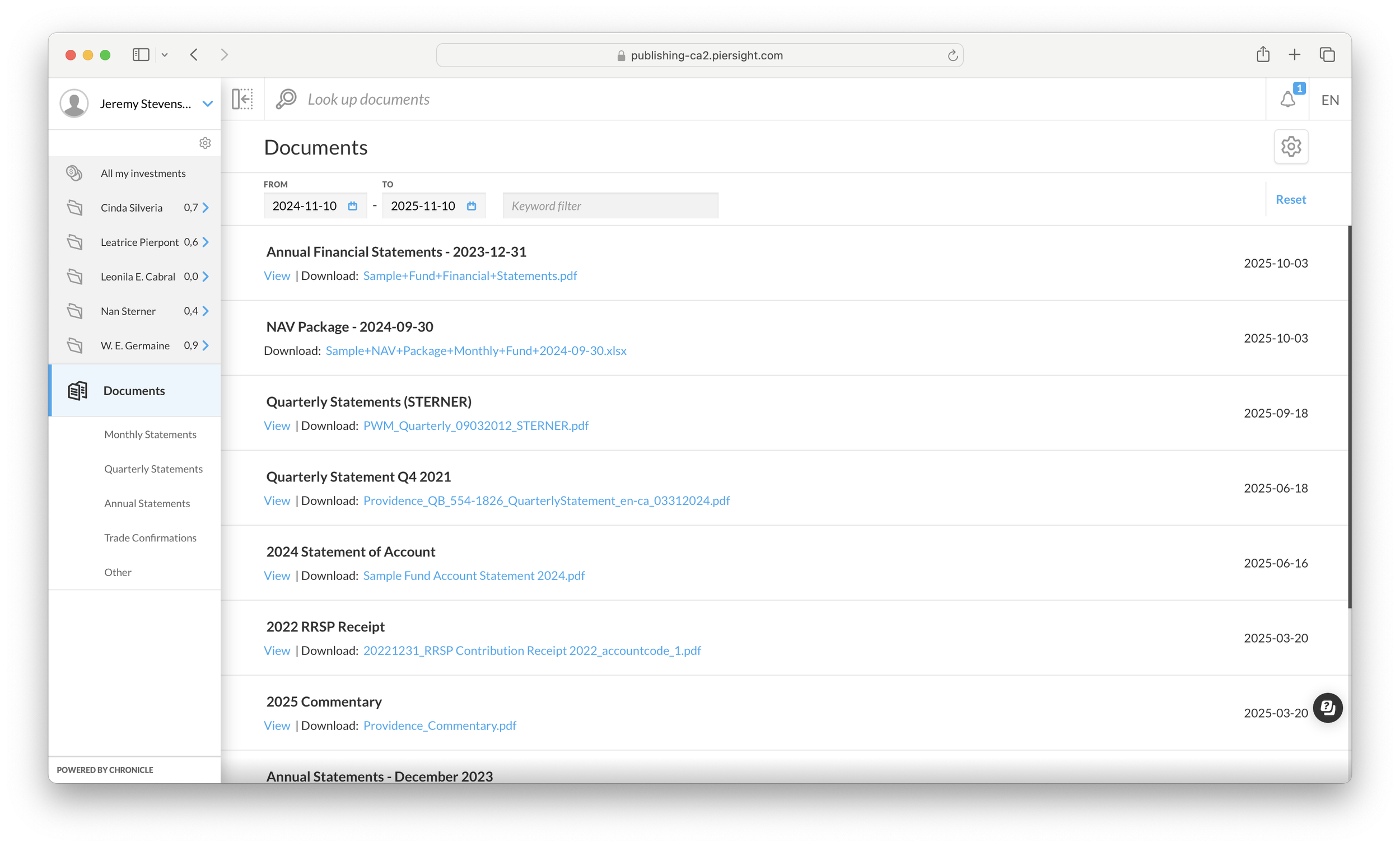 Client Portal document delivery view with audit tracking