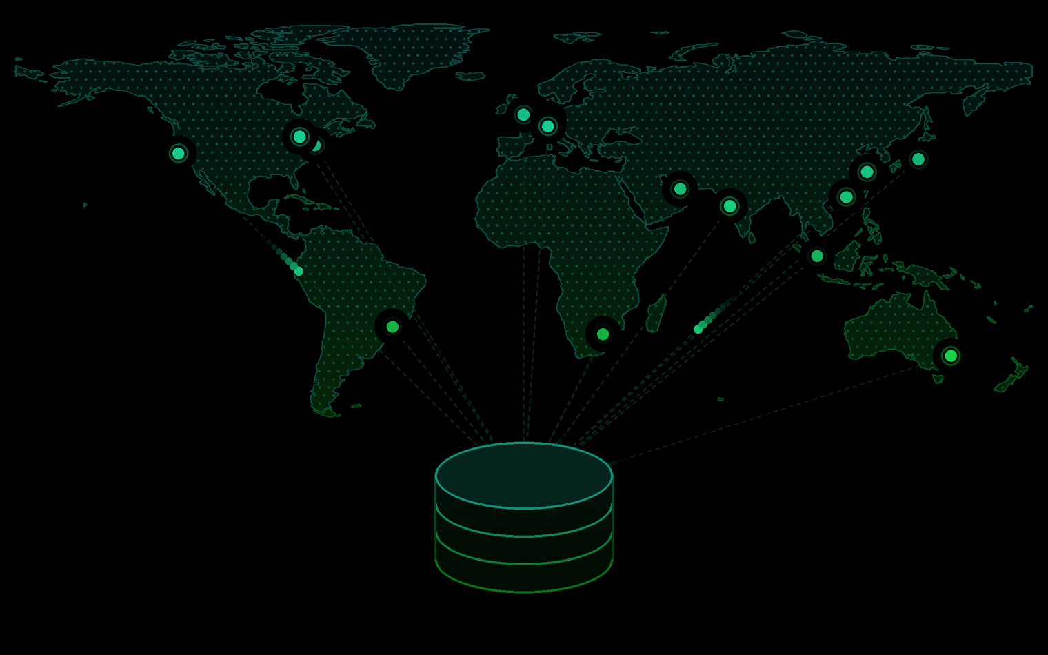 World map with data streams flowing from fifteen financial centres into a single consolidated hub